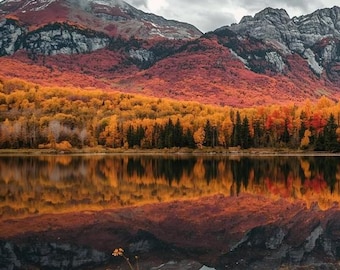 Mountain print/lake decor/mountain landscape wall art/ fall foliage/ digital download