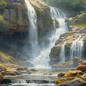 May include: A scenic landscape featuring multiple waterfalls cascading over rocky cliffs. The water flows into a calm pool below, surrounded by mossy rocks and lush greenery. The image captures a serene natural environment.