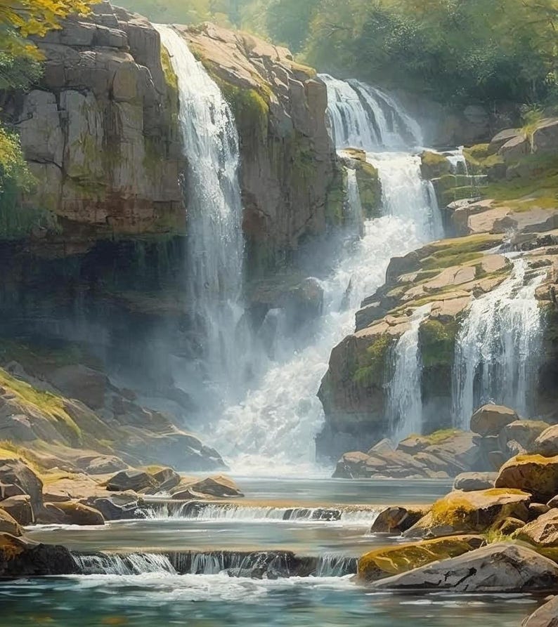 May include: A scenic landscape featuring multiple waterfalls cascading over rocky cliffs. The water flows into a calm pool below, surrounded by mossy rocks and lush greenery. The image captures a serene natural environment.