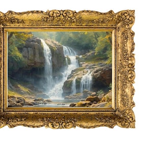 May include: A framed landscape painting of a waterfall cascading over rocks, surrounded by lush greenery. The artwork is enclosed in an ornate, gold-colored frame with intricate detailing, creating a classic and elegant aesthetic.