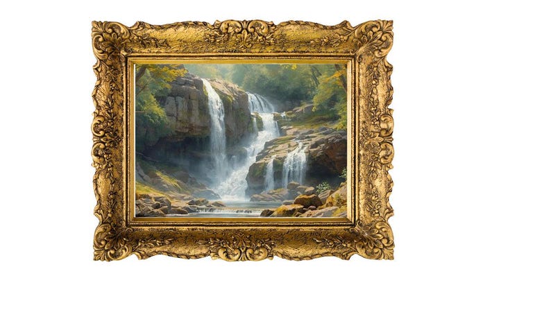 May include: A framed landscape painting of a waterfall cascading over rocks, surrounded by lush greenery. The artwork is enclosed in an ornate, gold-colored frame with intricate detailing, creating a classic and elegant aesthetic.