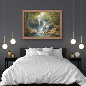 May include: A bedroom scene featuring a bed with white bedding, a framed landscape painting, and two hanging pendant lights. The painting depicts a waterfall scene. Two small black nightstands flank the bed, each with a small plant and a lamp.
