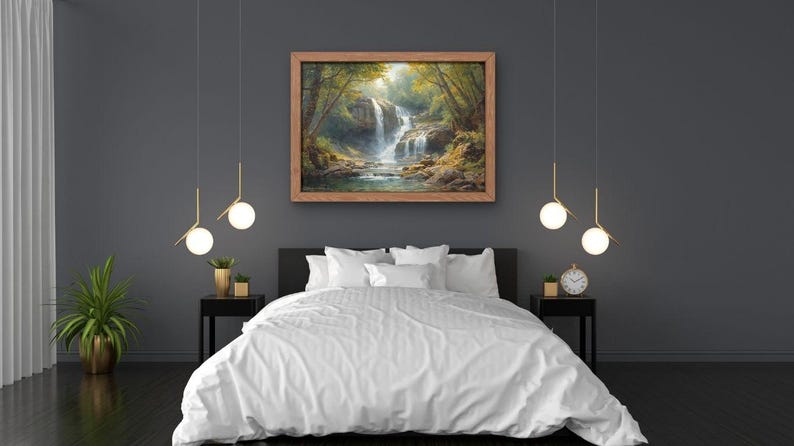 May include: A bedroom scene featuring a bed with white bedding, a framed landscape painting, and two hanging pendant lights. The painting depicts a waterfall scene. Two small black nightstands flank the bed, each with a small plant and a lamp.