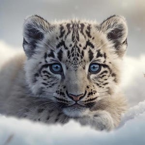 May include: A snow leopard cub with striking blue eyes and a coat of white and black spots rests in the snow. The cub's fur blends with the snowy background, creating a serene and captivating image.
