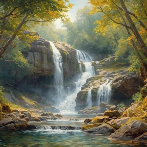 May include: A scenic landscape painting of a waterfall cascading over rocks into a clear pool. Lush green trees and foliage frame the waterfall, with sunlight filtering through the leaves. The artwork evokes a sense of tranquility.