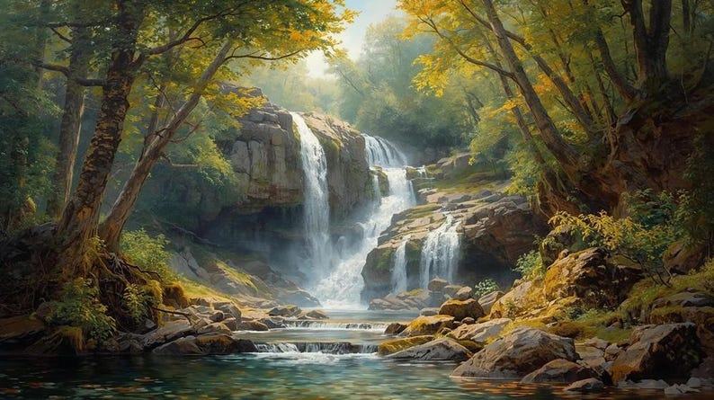 May include: A scenic landscape painting of a waterfall cascading over rocks into a clear pool. Lush green trees and foliage frame the waterfall, with sunlight filtering through the leaves. The artwork evokes a sense of tranquility.