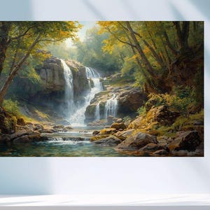 May include: A landscape painting depicts a cascading waterfall in a lush forest. The artwork features a vibrant color palette of greens, browns, and yellows, with the waterfall's white water contrasting the surrounding foliage and rocks. The painting is displayed on a wall.