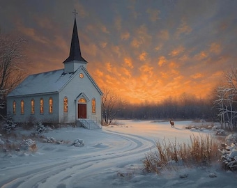 Winter Sunset Church Print | Snowy Landscape (Digital Download)