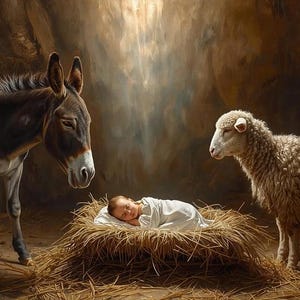 Può includere: Dipinto digitale di un neonato in una mangiatoia di fieno, con un asino e una pecora nelle vicinanze. La scena è illuminata da una luce dorata soffusa, creando un'atmosfera serena e pacifica. L'opera d'arte evoca un senso di calore e tranquillità.