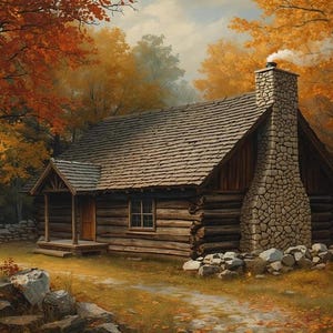 May include: A rustic log cabin nestled in a vibrant autumn forest. The cabin features a stone chimney, a wooden shingle roof, and a small porch. The surrounding trees display a spectrum of fall colors, creating a warm and inviting scene.