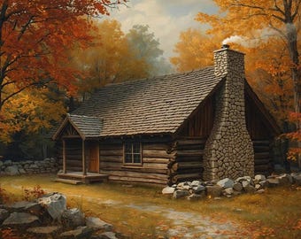 Impression de cabane en rondins/bois rustiques en art mural automne (téléchargement numérique)