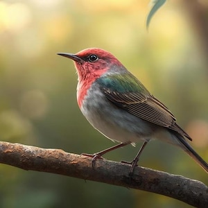Pode incluir: Um pequeno pássaro com cabeça e peito vermelhos, asas verdes e corpo cinza e branco empoleirado em um galho marrom. O pássaro tem um bico longo e escuro e está situado em um fundo verde e amarelo desfocado.