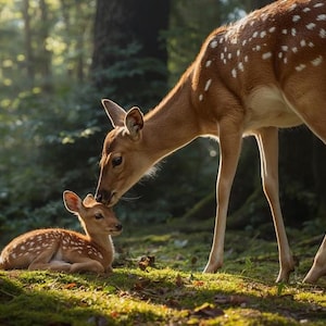 May include: A mother deer gently nuzzles her fawn in a sunlit forest. The fawn is lying down, while the mother stands over it. Both deer have brown fur with white spots. The scene is set in a lush, green forest.