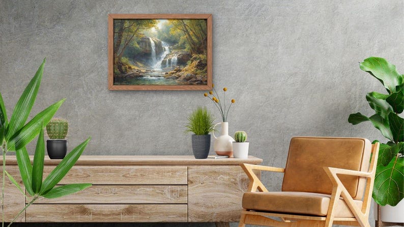 May include: A framed landscape painting of a waterfall in a forest hangs on a gray wall. A wooden cabinet with plants and a leather chair are in front of the wall. The painting has a brown frame.