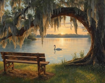 Sunset on lake print/swan lake/digital download