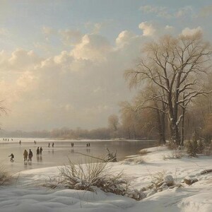 May include: A winter landscape painting depicts a frozen lake with people ice skating. Bare trees line the snowy banks, and a cloudy sky fills the background. The scene evokes a sense of tranquility and the beauty of winter.