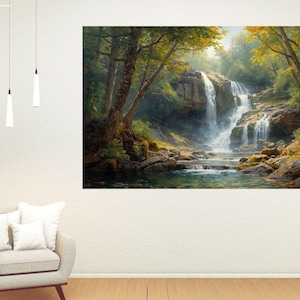 May include: A framed landscape art print depicts a cascading waterfall surrounded by lush green trees and foliage. The artwork features a serene scene with water flowing over rocks, creating a tranquil atmosphere. The color palette includes greens, browns, and blues.