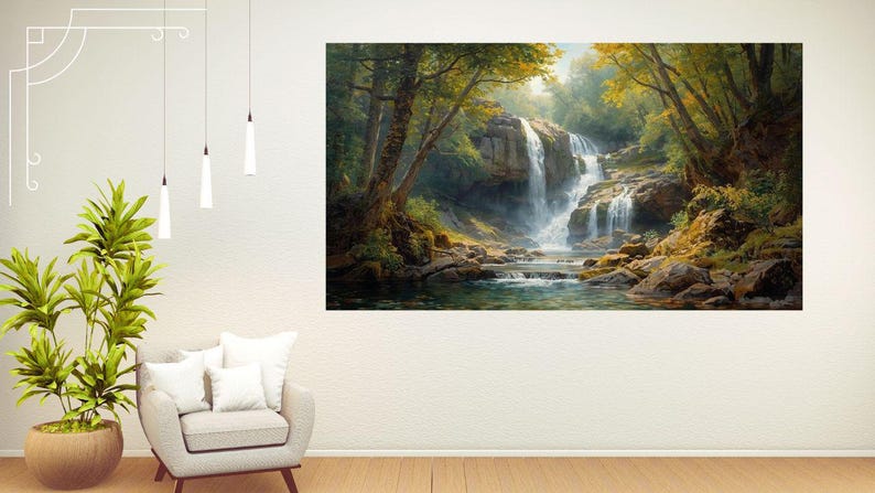 May include: A framed landscape art print depicts a cascading waterfall surrounded by lush green trees and foliage. The artwork features a serene scene with water flowing over rocks, creating a tranquil atmosphere. The color palette includes greens, browns, and blues.