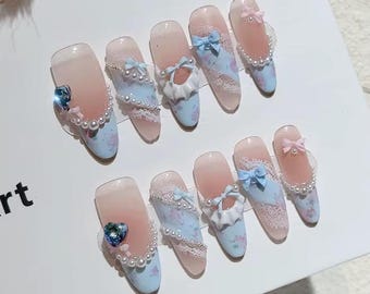 Coquette Lace Press On Nails | Pastel Blue Pink Floral Bow Nails | Pearl Heart Soft Girl Nail Set | Romantic Aesthetic Nails | Handmade