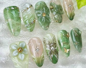 Green Floral Press On Nails | 3D Flower Pearl Butterfly Nails | Elegant Handmade False Acrylic Nails with Gold & Nature Design