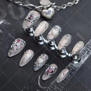 Gothic Chrome Press On Nails | 3D Heart & Butterfly False Nails | Luxury Metallic Frame Nail Art with Pearl and Gemstone Accents