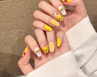 Winnie the Pooh Press On Nails | Cute 3D Cartoon Bear Nail Art | Kawaii Yellow Fake Nails | Fun Character Manicure Gift for Her
