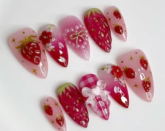 Strawberry Press On Nails | Pink Kawaii 3D Fruit Nail Art with Bow & Pearls | Cute Summer False Nails | Handmade Girly Nail Set