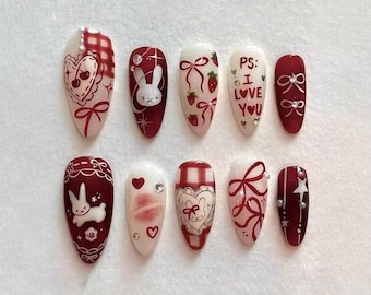 Valentine Bunny Press On Nails | Red White Love Heart Nail Art | Cute Kawaii Ribbon Nails | Handmade False Nail Set