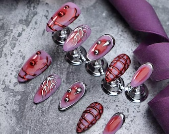Chrome 3D Press On Nails – Purple Red Metallic Web & Flame Nail Art Set, Futuristic Gothic Handmade False Nails