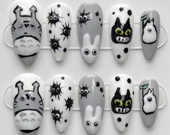 Totoro Anime Press On Nails | Studio Ghibli Kawaii False Nails | Cute Handmade Acrylic Nails with Soot Sprites & Catbus Design