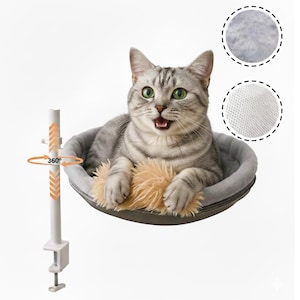 May include: A gray and white tabby cat rests in a gray, round cat bed with a fluffy, tan center. The bed is attached to a white pole with a clamp, and the image shows a 360-degree rotation symbol.