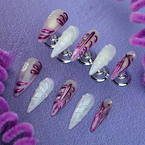 Purple Chrome Press On Nails – Long Stiletto White & Metallic Nails with 3D Design, Pearl Accent and Trendy Y2K Nail Art