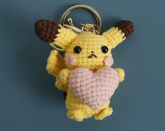 Crochet Pikachu Anime Keychain Amigurumi Cute Kawaii Plush Keychain Cartoon Character Keyring Handmade Gift for Women Kids