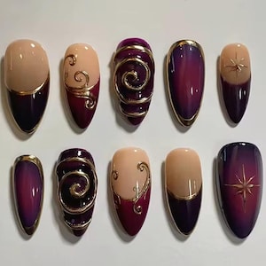 Vinröda guldfärgade press-on naglar | Aura Ombre Swirl Nails | Lyxiga mandelgel press-on naglar | Höstglamoröst statement set