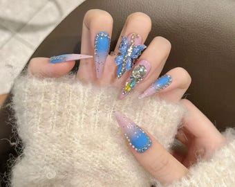 Blue Pink Ombre Butterfly Press On Nails | Rhinestone Crystal Nails | 3D Butterfly Nail Art | Long Glam False Nails