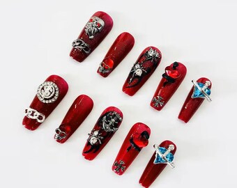 Red Gothic Press On Nails | 3D Skull Chain Punk Nail Art | Rocker Fake Nails with Charms | Edgy Halloween Manicure Gift