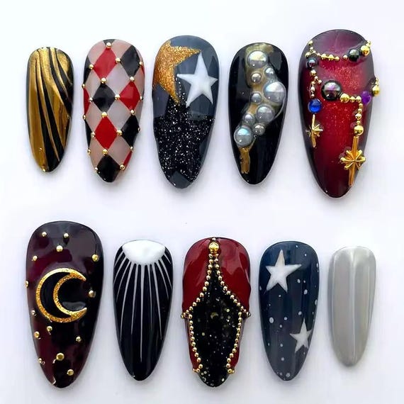 Celestial Gothic Press On Nails | Moon & Star Nails | Red Black Gold Nail Art | Harlequin Circus Nails | Handmade Luxury Press Ons