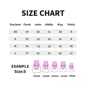May include: A white graphic displaying a nail size chart. The text "SIZE CHART" is at the top. The chart details nail sizes in millimeters for each finger, from XS to L. An example of size S is shown at the bottom.