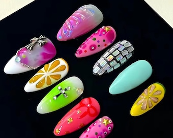 Colorful Floral Press On Nails | 3D Flower Nail Art | Summer Festival Nails | Handmade False Nails | Tropical Beach Manicure