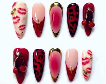 Cherry Kiss Press On Nails | Red Leopard Print Nails | Sexy Lip Print Nails | Gold French Ombre Nails | Bold Glam Handmade Press Ons
