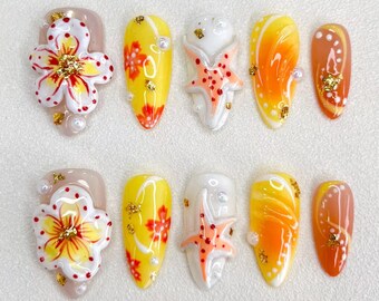 Frucht Press On Nails | 3D Erdbeer-, Kirsch-, Blumen- und Gelee-Designs | Süße Handgefertigte Fake Nägel für Sommer und Party