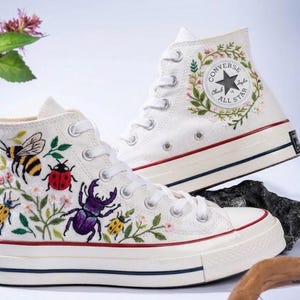 Insect Embroidered Converse, Bee Beetle and Ladybug Floral High Top Shoes, Cottagecore Bug Lover Sneakers, Nature Gift