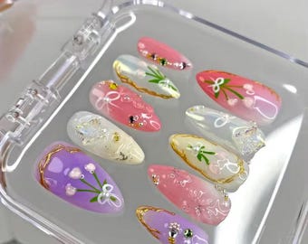 Coquette Floral Press On Nails – Hand Painted Pastel Spring Nails, Pearl Bow Nail Art, Korean Jelly Nails, Cute Reusable False Nails