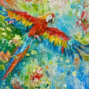Original Parrot Oil Painting on Canvas, Colorful Bird Wall Art, Tropical Jungle Artwork, Hand-Painted 16x20