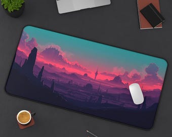 Twilight Citadel Synthwave Gaming Mouse Pad: Cityscape Desk Mat
