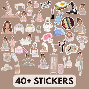 以下が含まれることがあります： セルフケアをテーマにした40以上のステッカーのコレクション。ステッカーには、ヨガのポーズ、美容製品、食べ物、リラックスできるアクティビティのイラストが描かれています。「Serenity ritual」というフレーズは筆記体で書かれています。「40+ Stickers」という言葉が一番下にあります。