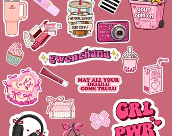 Cute Girly Printable Stickers PNG, Bundle of 20+ Feminine Digital Sticker Pack, Pink aesthetic Stickers for Planner Journal and Laptop