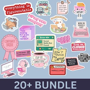 以下が含まれることがあります： モチベーションとユーモアをテーマにした、20以上のカラフルなイラストステッカーのコレクション。デザインには、コーヒーカップ、ラップトップ、アヒル、「Work Bestie」や「Cup of Ambition」などのテキストが含まれています。