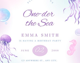 Invitación editable para fiesta de cumpleaños en el océano/Plantilla de Canva/Imprimible de 5x7"
