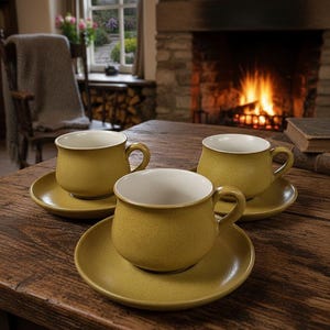 May include: Three yellow-brown teacups and saucers on a wooden table. The cups have a speckled texture and white interiors. The scene includes a fireplace with a lit fire, a window, and a warm, inviting atmosphere.